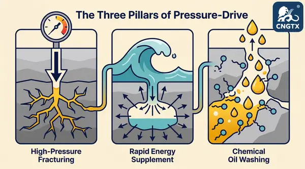 Pressure-Drive Technology definition: integrating high-pressure fracturing, rapid energy supplement, and displacement in hungry reservoirs