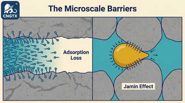Thermodynamic adsorption barriers: surfactant loss on clay minerals and Jamin effect in nanoscale pore throats