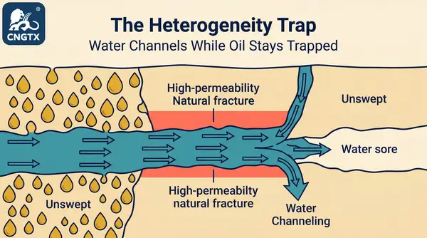 Heterogeneity challenge: water channeling through high-perm fractures while tight zones remain dry