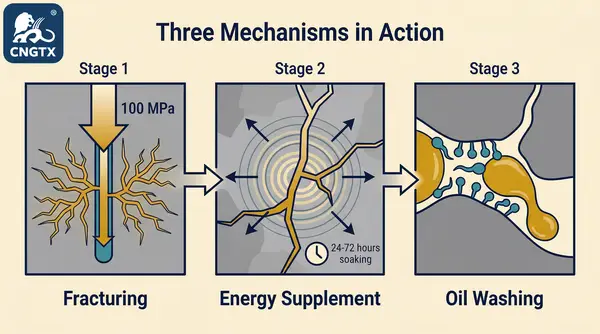Three synergistic mechanisms of pressure-drive technology: fracturing, pressure transmission, and chemical washing